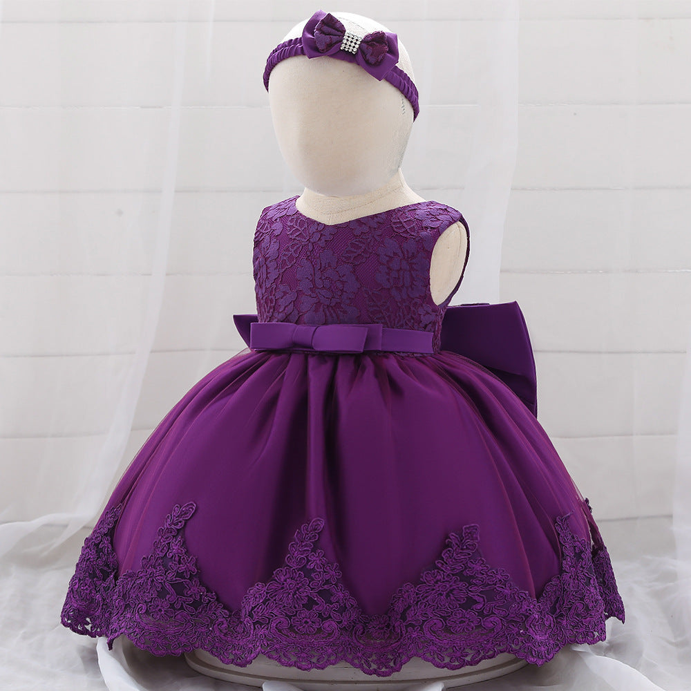 Baby Girl Floral Mesh Overlay Design Princess Full Moon Formal Dress & Headband