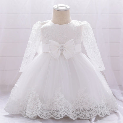 Baby Girl Bow Patched Design Long Sleeves Full Moon Christening Mesh Formal Dress
