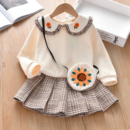 Baby Girl Floral Patches Doll Neck Pullover Hoodie Combo Pleated Skirt Sweet Vintage Style Sets