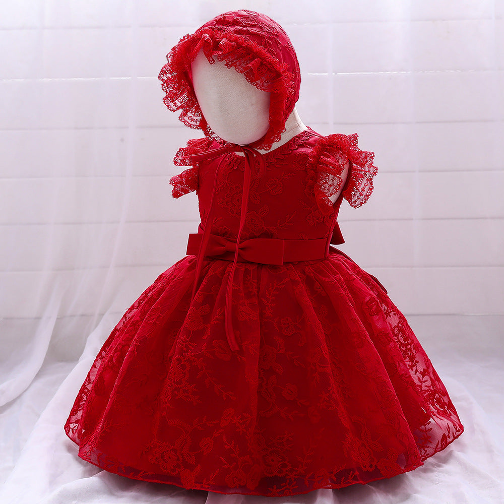 Baby Girl Solid Color Mesh Overlay Design Formal Baptism Birthday Gift Dress With Hat