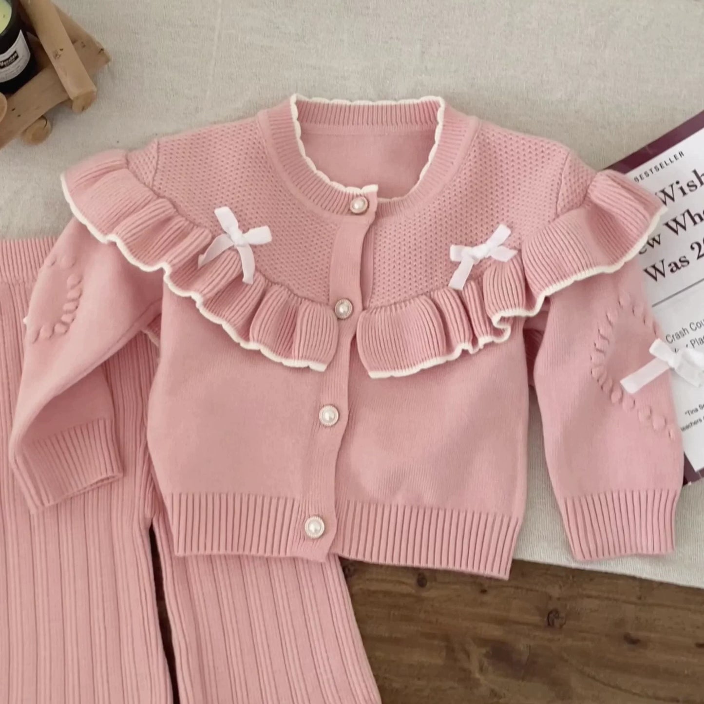Winter and Autumn Baby Kids Girls Long Sleeves Knitted SET Cardigan and Flared Pants Knitted Clothing Set
