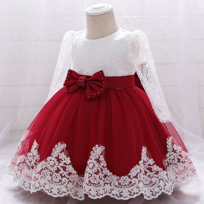 Baby Girl Bow Patched Design Long Sleeves Full Moon Christening Mesh Formal Dress