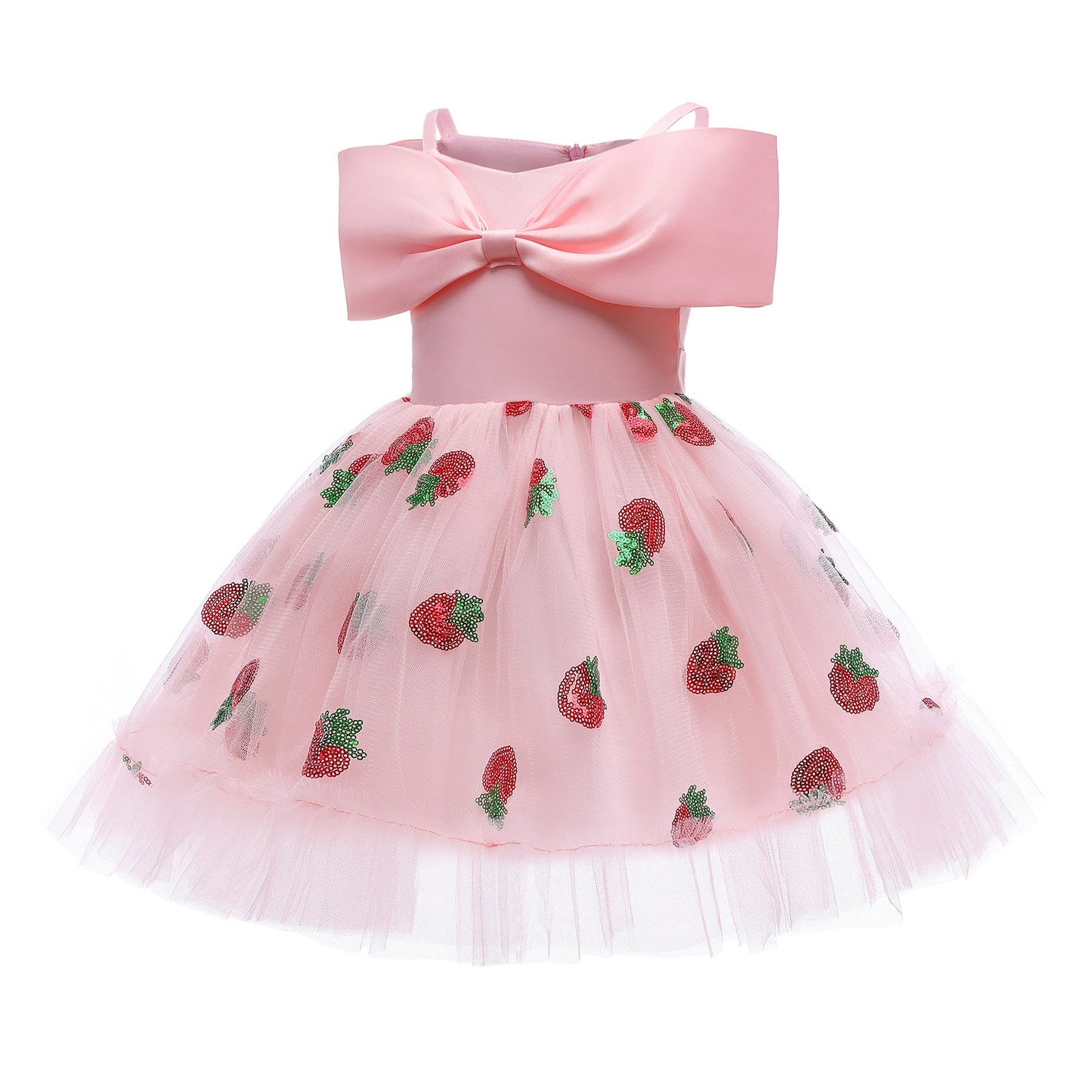 Baby Girl Strawberry Sequins Pattern Bow Tie Design Sling Tutu Formal Dress