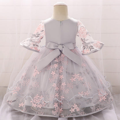 Baby Girl Embroidered Pattern Medium Sleeves One Year Old Tutu Formal Dress
