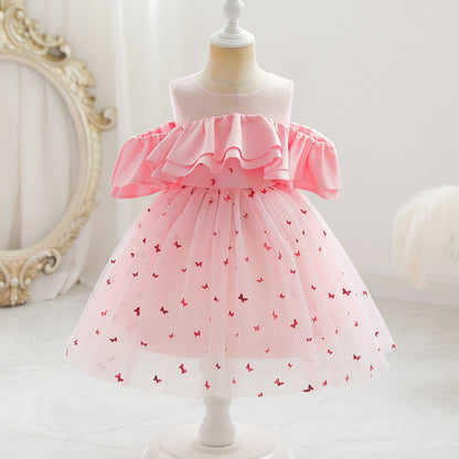 Baby Girl Sequin Patched Design Mesh Patchwork Formal Princess Dress