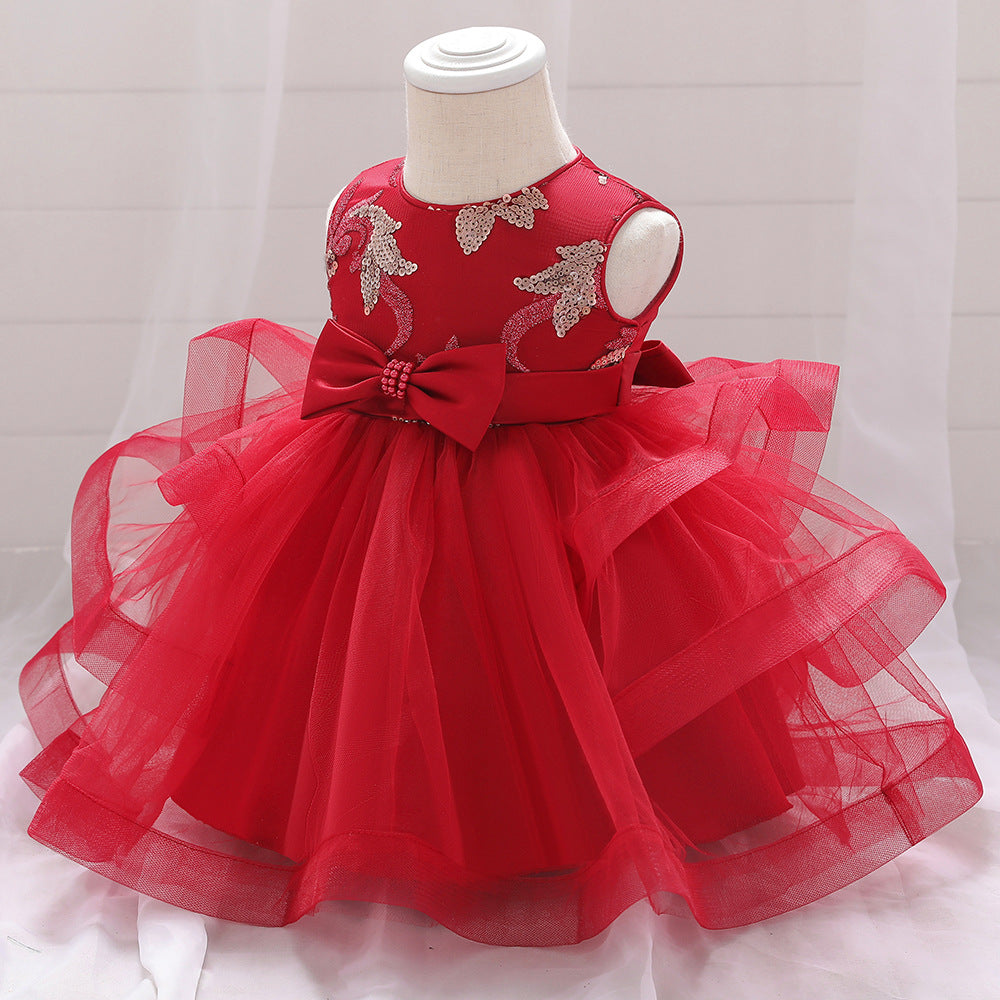 Baby Girl Sequins Patched Design Sleeveless Tutu Style Baptism Birthday Dress