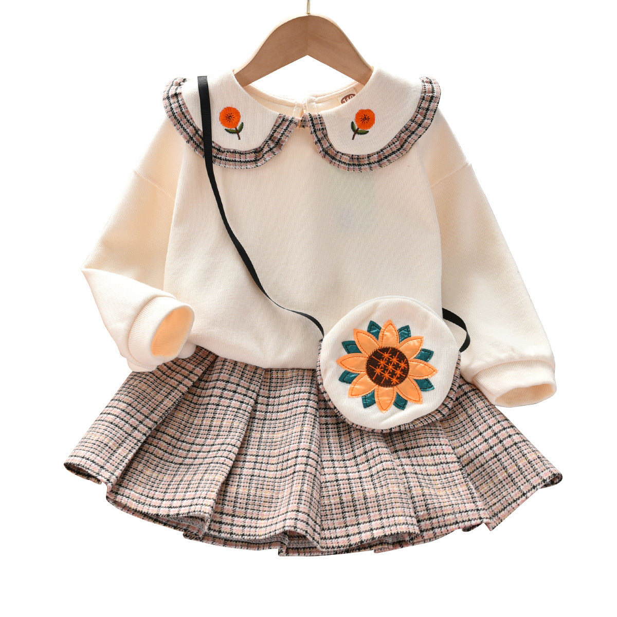Baby Girl Floral Patches Doll Neck Pullover Hoodie Combo Pleated Skirt Sweet Vintage Style Sets