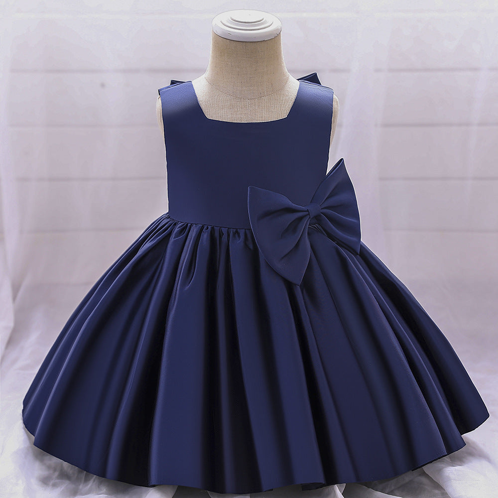 Baby Girl Solid Color Bow Patched Design Sleeveless Western Style Satin Dress