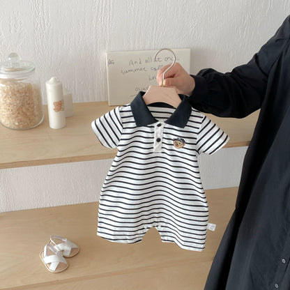 Summer Arrival Baby Boys Teddy Bear Pattern Short Sleeves Rompers with Turn-down Collar