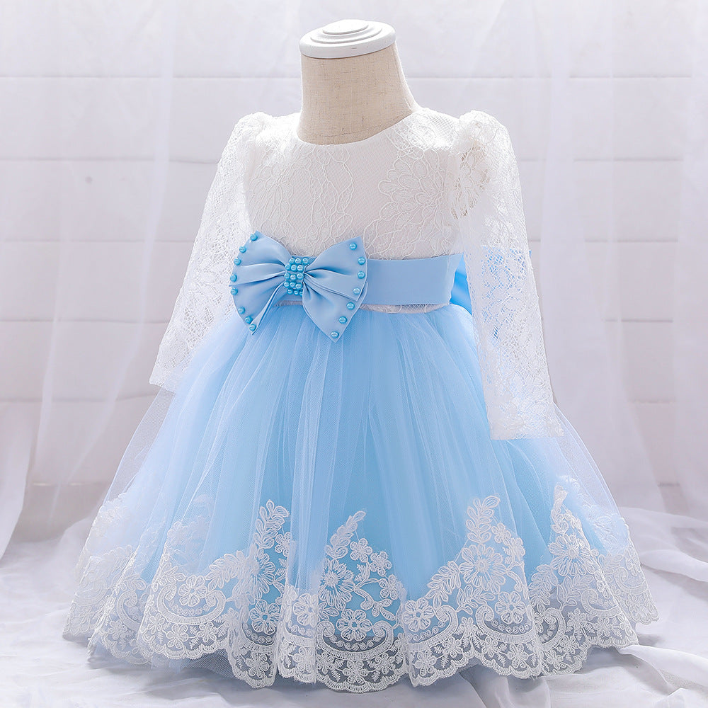 Baby Girl Bow Patched Design Long Sleeves Full Moon Christening Mesh Formal Dress