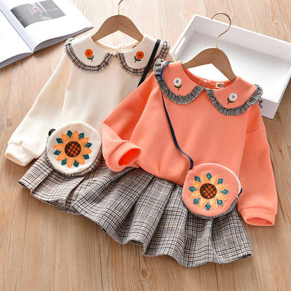 Baby Girl Floral Patches Doll Neck Pullover Hoodie Combo Pleated Skirt Sweet Vintage Style Sets