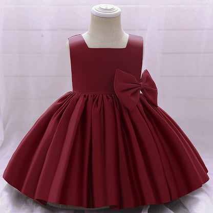 Baby Girl Solid Color Bow Patched Design Sleeveless Western Style Satin Dress