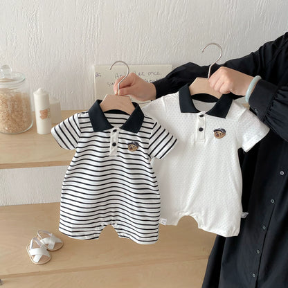 Summer Arrival Baby Boys Teddy Bear Pattern Short Sleeves Rompers with Turn-down Collar