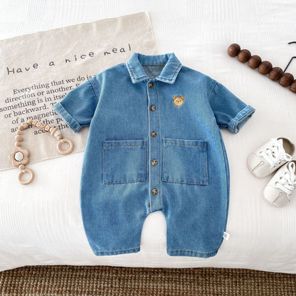 Autumn and Spring Arrival Baby Unisex Long Sleeves Cartoon Pattern Single Breasted Denim Rompers, MyKids-USA®, Bodysuits, MyKids-USA - Size/Age - 66 (3-6M) - Color - Blue -  -  - TR2510282326-A.