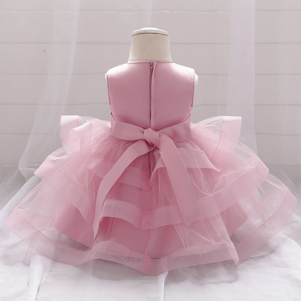 Baby Girl Sequins Patched Design Sleeveless Tutu Style Baptism Birthday Dress