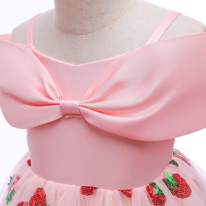 Baby Girl Strawberry Sequins Pattern Bow Tie Design Sling Tutu Formal Dress