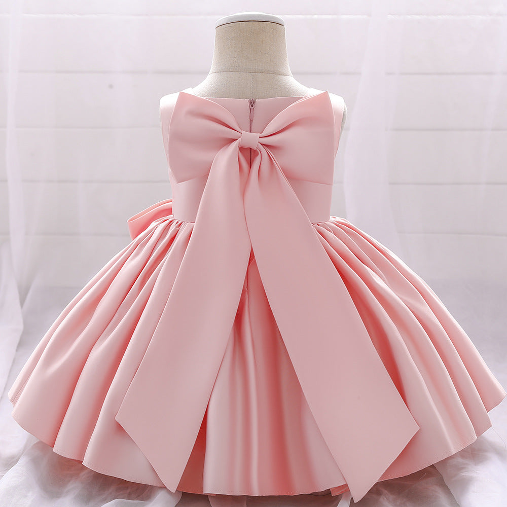 Baby Girl Solid Color Bow Patched Design Sleeveless Western Style Satin Dress