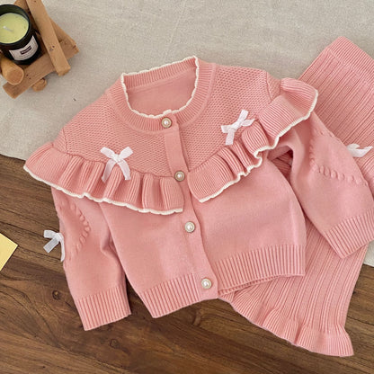 Winter and Autumn Baby Kids Girls Long Sleeves Knitted SET Cardigan and Flared Pants Knitted Clothing Set