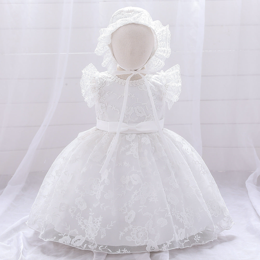 Baby Girl Solid Color Mesh Overlay Design Formal Baptism Birthday Gift Dress With Hat