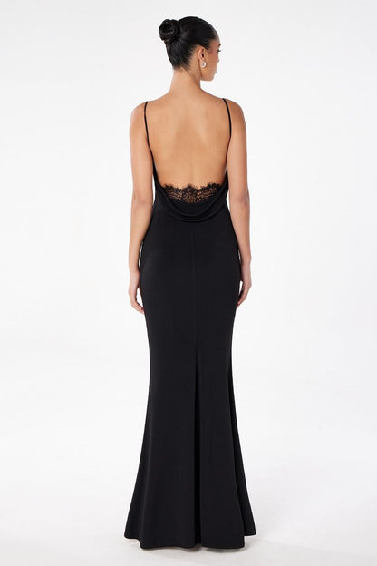 Minimalist Open Back Lace Detail Fitted ITY Evening Gown with Spaghetti Straps