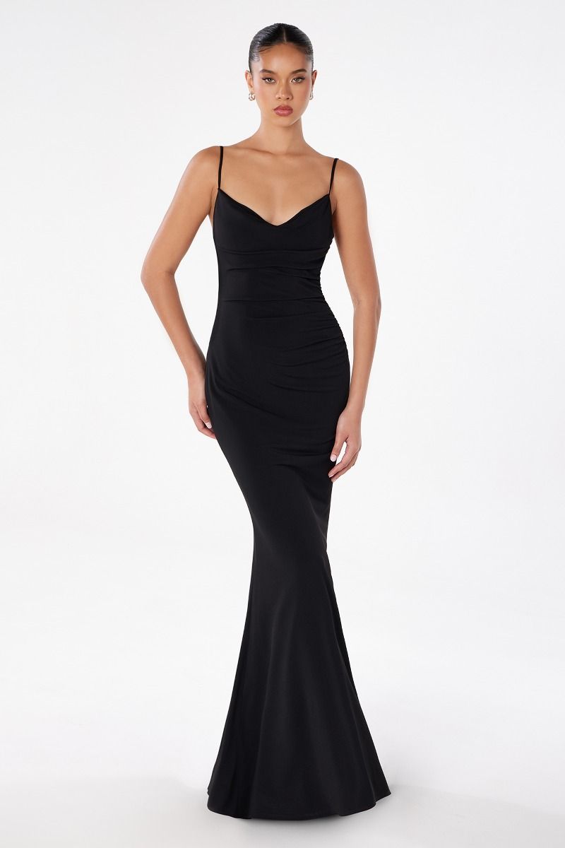 Minimalist Open Back Lace Detail Fitted ITY Evening Gown with Spaghetti Straps
