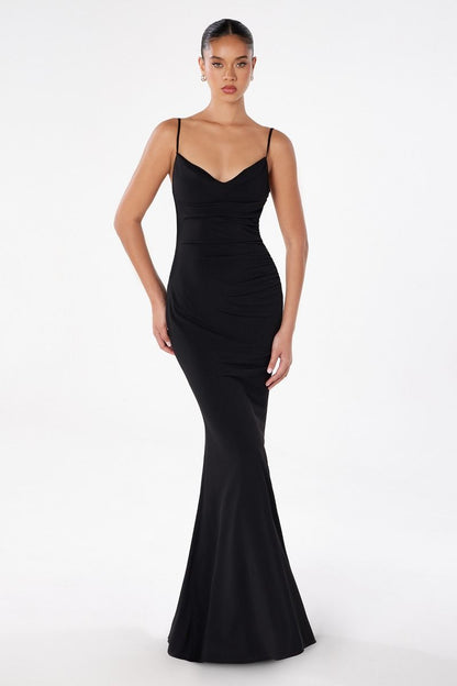 Minimalist Open Back Lace Detail Fitted ITY Evening Gown with Spaghetti Straps