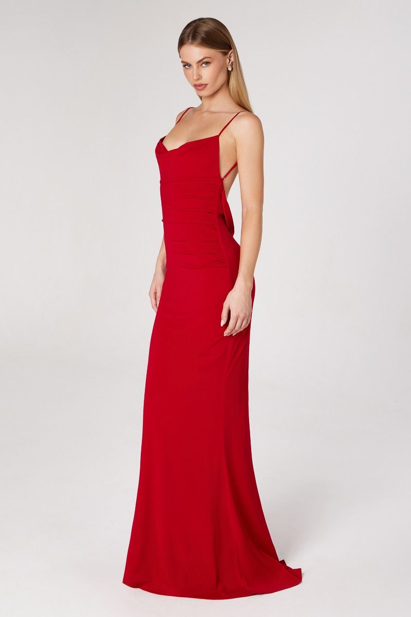 Minimalist Open Back Lace Detail Fitted ITY Evening Gown with Spaghetti Straps