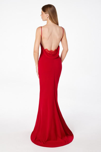 Minimalist Open Back Lace Detail Fitted ITY Evening Gown with Spaghetti Straps