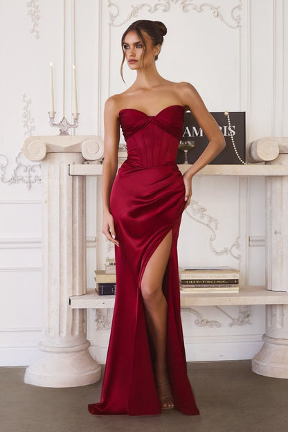 Fitted Satin Bustier Draped Gown
