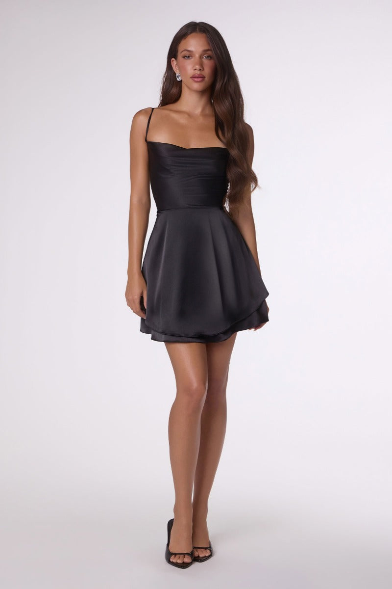 Chic Draped Neck Satin Mini Dress | Lace-Up Back Fit & Flare Party & Homecoming Dress
