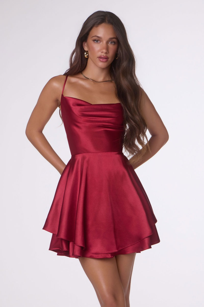 Chic Draped Neck Satin Mini Dress | Lace-Up Back Fit & Flare Party & Homecoming Dress