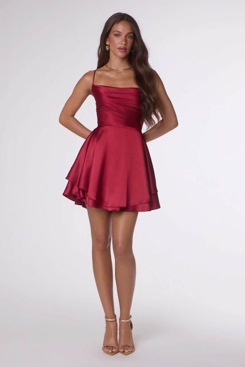 Chic Draped Neck Satin Mini Dress | Lace-Up Back Fit & Flare Party & Homecoming Dress