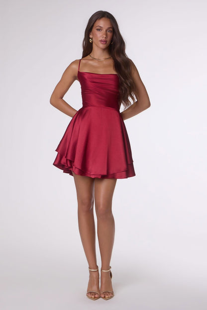 Chic Draped Neck Satin Mini Dress | Lace-Up Back Fit & Flare Party & Homecoming Dress