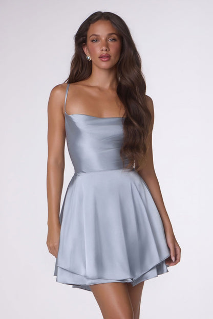 Chic Draped Neck Satin Mini Dress | Lace-Up Back Fit & Flare Party & Homecoming Dress