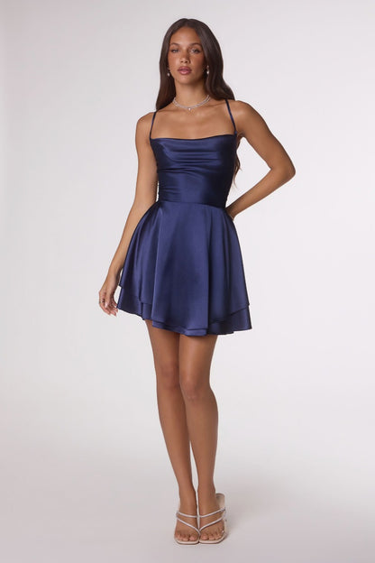 Chic Draped Neck Satin Mini Dress | Lace-Up Back Fit & Flare Party & Homecoming Dress