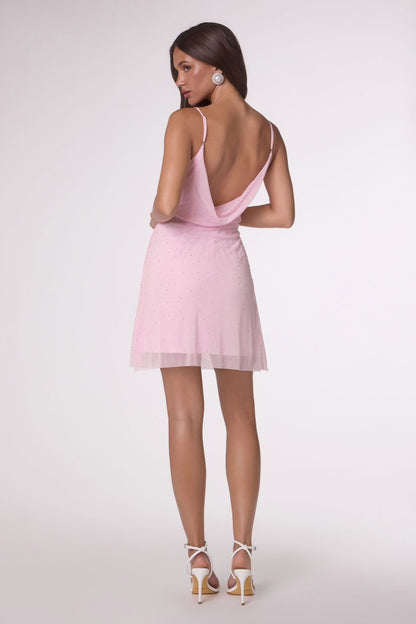 Shimmering Hotstone Ruched Mesh Mini Dress With Draped Cowl Neck