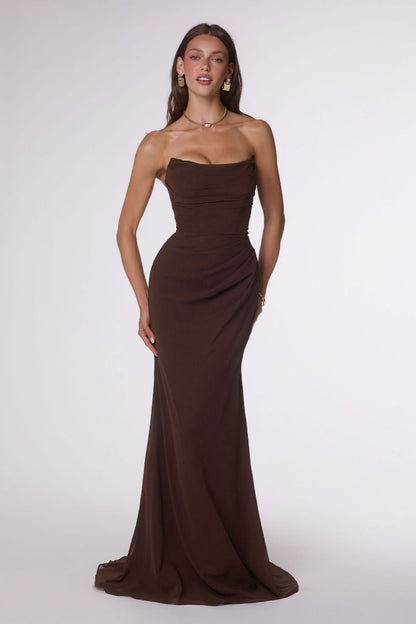 Strapless Scoop Neckline Bodycon Dress With A Beautifully Gathered Bodice And Hip Line