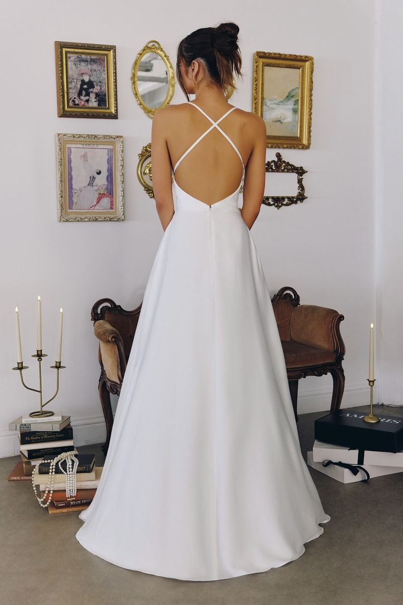 Wedding A-Line, Soft Satin, Draped Cowl Neckline with Spaghetti Straps