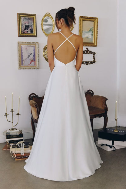 Wedding A-Line, Soft Satin, Draped Cowl Neckline with Spaghetti Straps