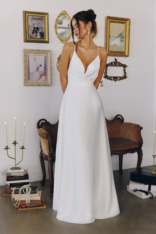 Wedding A-Line, Soft Satin, Draped Cowl Neckline with Spaghetti Straps