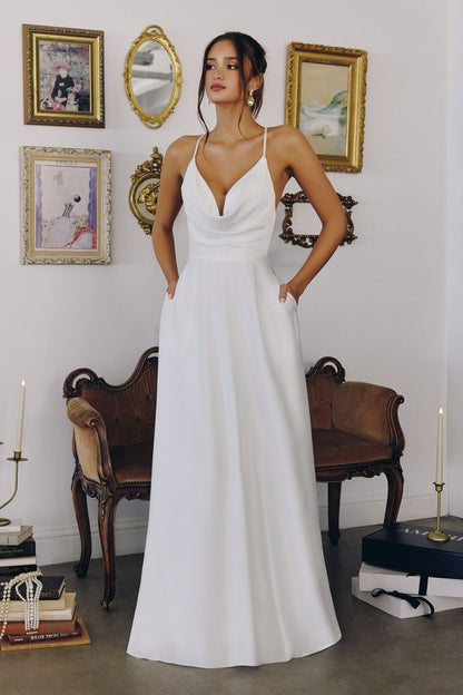 Wedding A-Line, Soft Satin, Draped Cowl Neckline with Spaghetti Straps