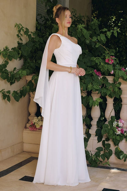 Flowing chiffon gown, one-shoulder neckline A-line