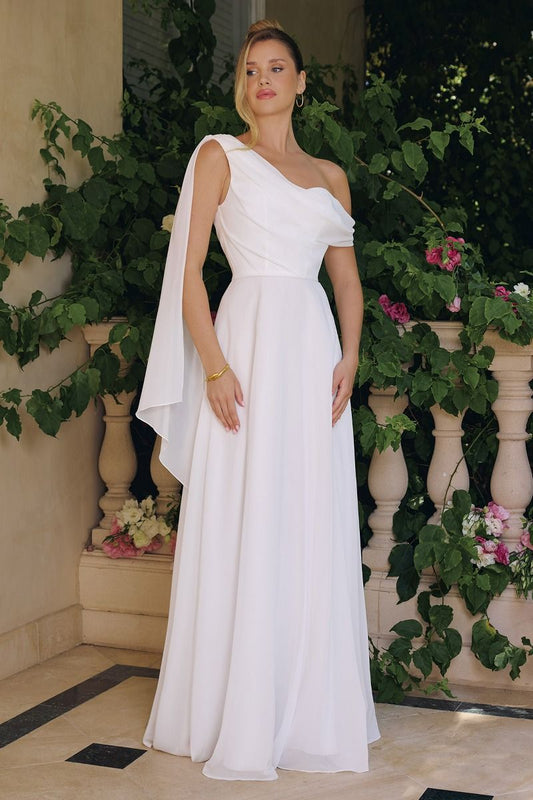 Flowing chiffon gown, one-shoulder neckline A-line