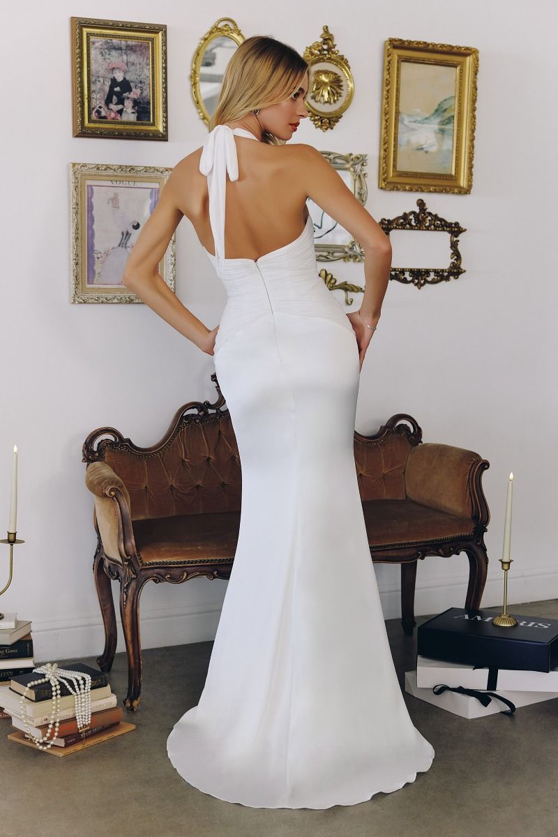 Sculpted Halter Plunging V Satin Bridal Gown Bridal with Chiffon Pleated Bodice