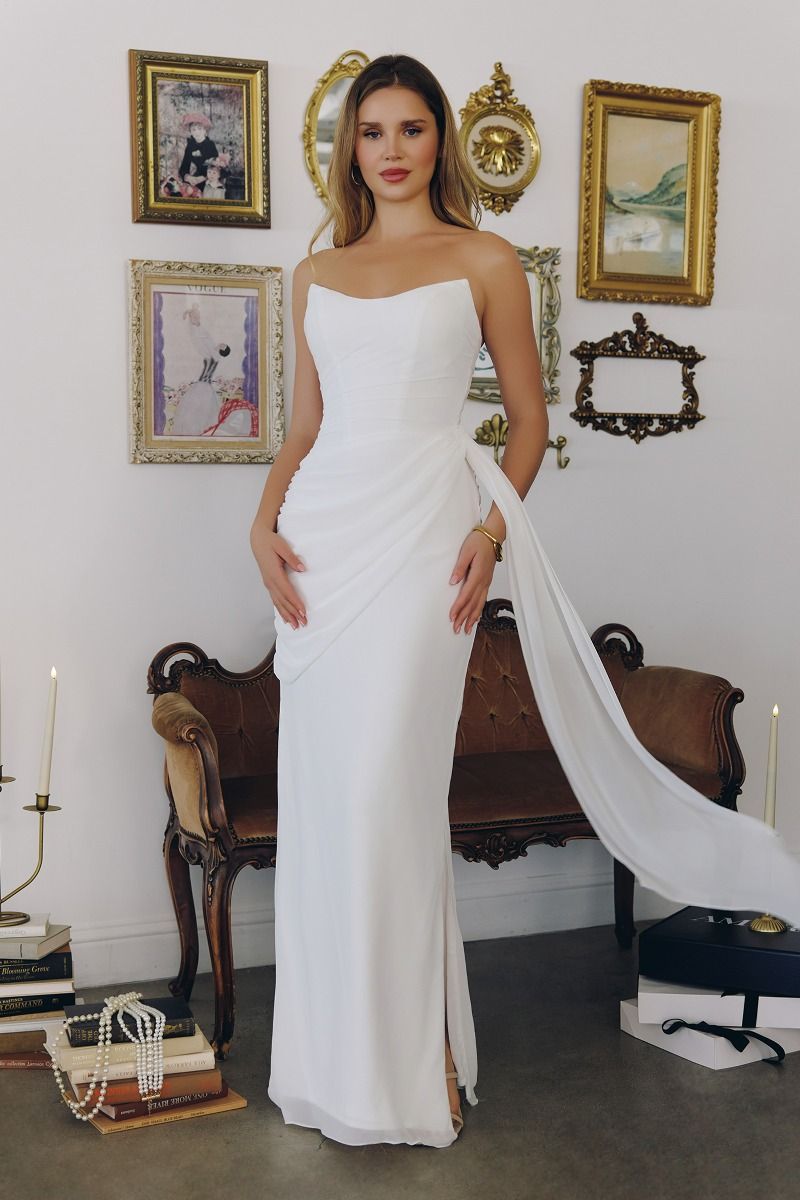 Strapless Chiffon Gown is, Sculpted Bodice and Draped Silhouette