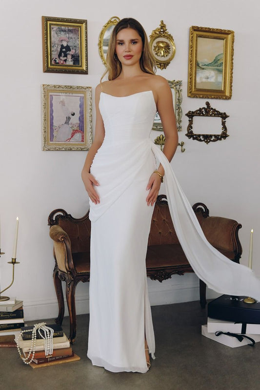 Strapless Chiffon Gown is, Sculpted Bodice and Draped Silhouette