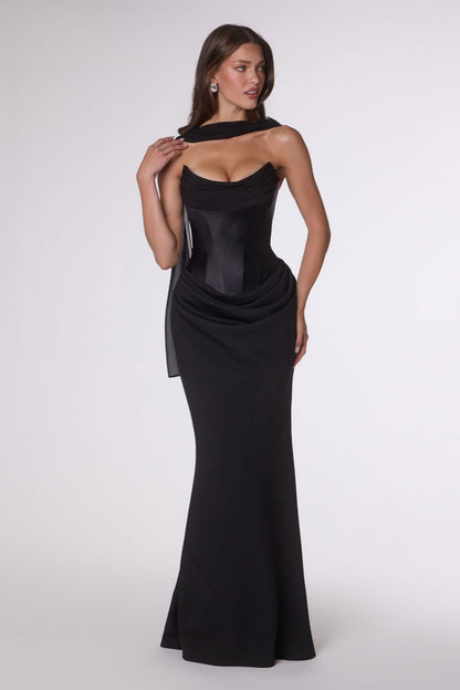 Draped Stretch Satin and Crepe Fitted Gown with Chiffon Scarf