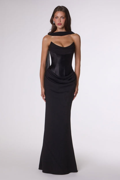 Draped Stretch Satin and Crepe Fitted Gown with Chiffon Scarf