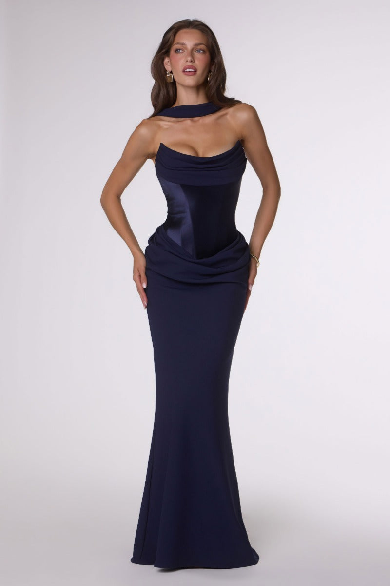 Draped Stretch Satin and Crepe Fitted Gown with Chiffon Scarf