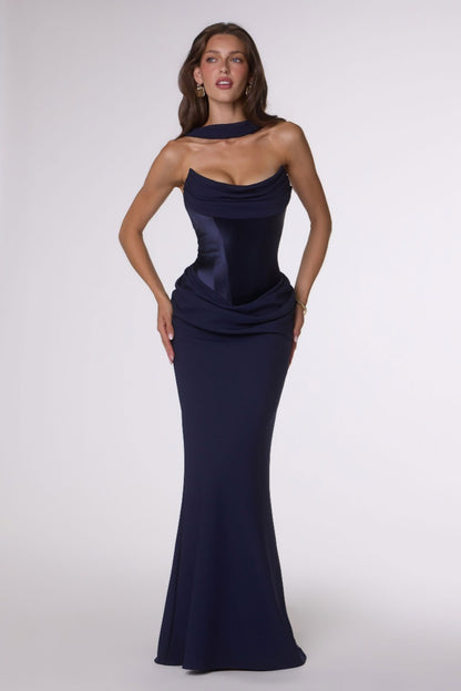 Draped Stretch Satin and Crepe Fitted Gown with Chiffon Scarf